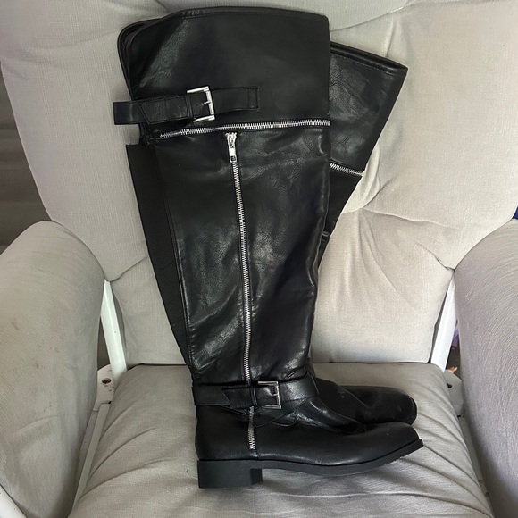 Black over-the- Knee-High Boots with Buckles - Picture 1 of 7